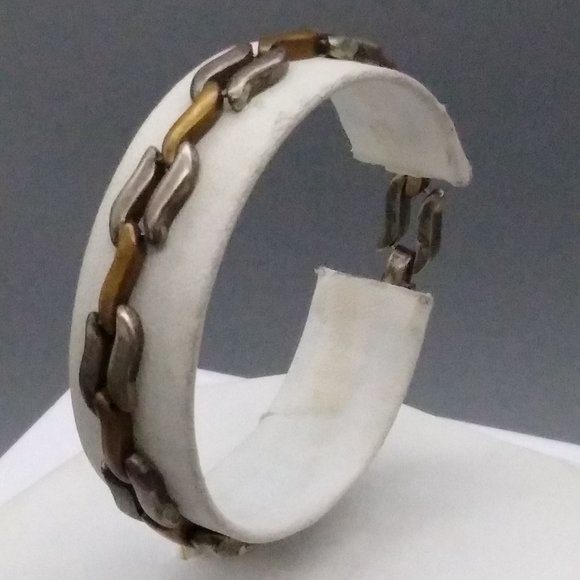 Vintage Mexico Sterling Silver and Copper Links Bracelet, Modernist Skinny Chunk - Picture 3 of 5